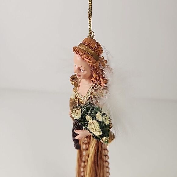 Christmas Angel Ornament Gold Tassel Beaded Dress Feather Wing Bouquet 10" - Picture 6 of 7